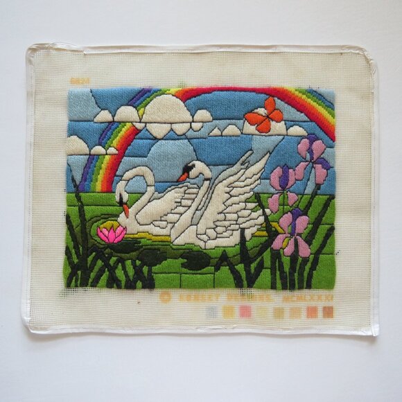 Swans Rainbow Orchids Clouds Vintage Long Stitch Embroidery Completed Tapestry - Picture 1 of 5